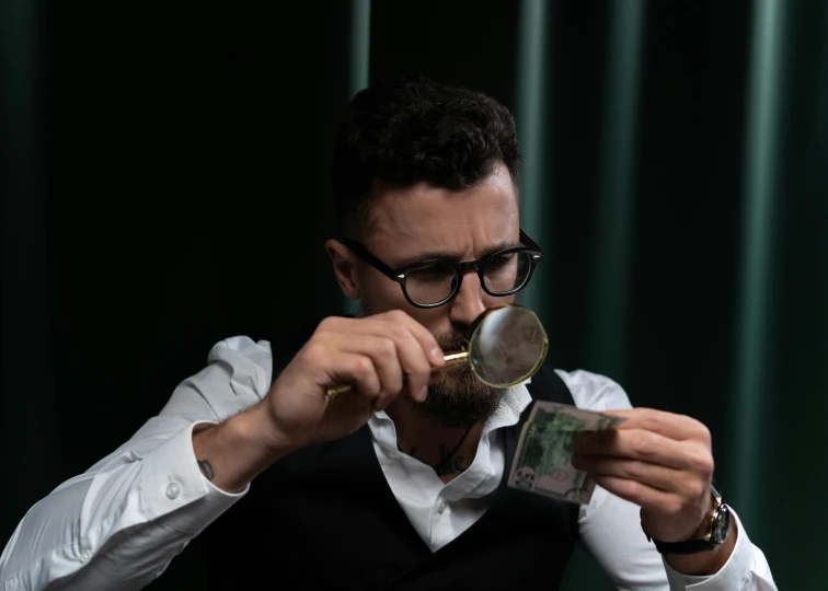 a man is looking through a magnifying glass, a portrait, by Adam Marczyński, pexels contest winner, banknote, attractive magician man, smoking a bowl of hash together, avatar image