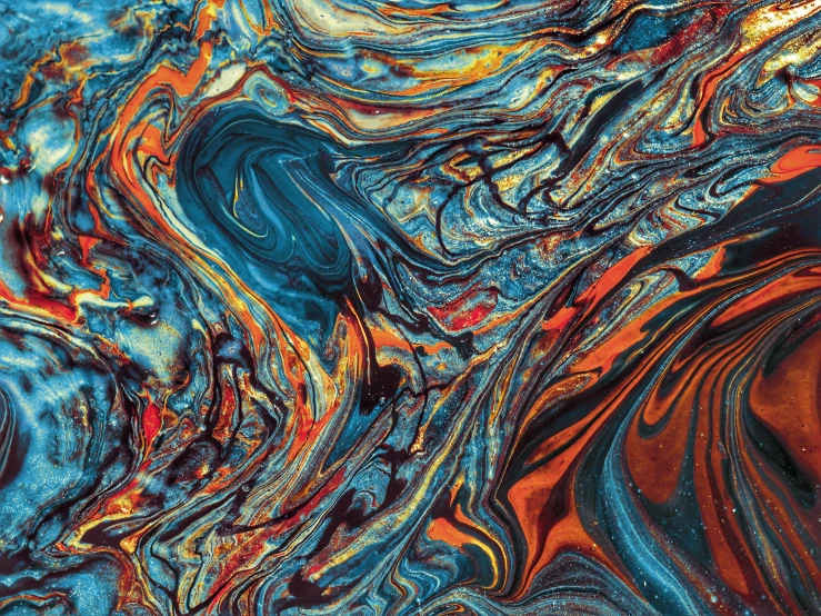 an abstract painting with blue and orange colors, inspired by Umberto Boccioni, trending on pexels, made of liquid metal and marble, trippy mood, psychedelic aesthetic, earth colors