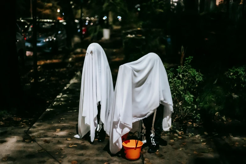 a couple of ghosts standing next to each other, pexels contest winner, bags on ground, costume, gif, white scarf