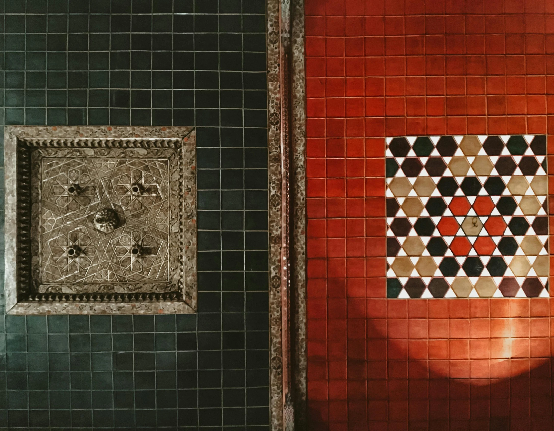 a bath room with a toilet and a tiled wall, a mosaic, inspired by Riad Beyrouti, trending on unsplash, hurufiyya, red and green, diptych, square, male and female