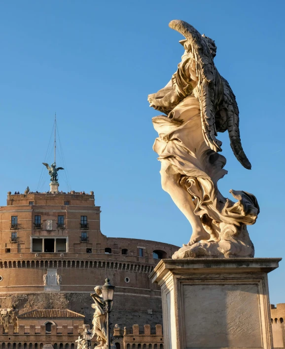 a statue of an angel in front of a castle, by Cagnaccio di San Pietro, pexels contest winner, neoclassicism, panorama, lgbtq, brown, liberty leading the people