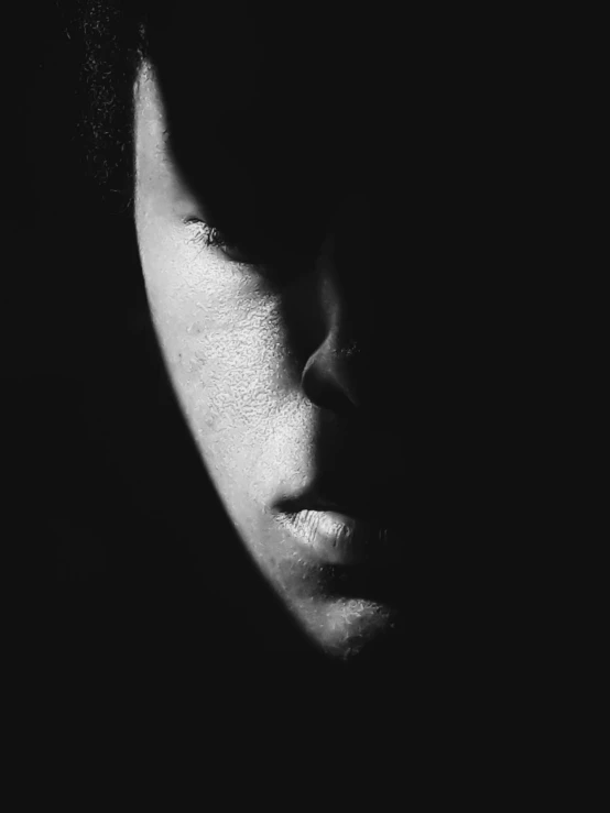 a black and white photo of a man's face, a black and white photo, by Kristian Kreković, pexels contest winner, digital art, black teenage boy, her face is in shadow, self - portrait!!!!, young black woman