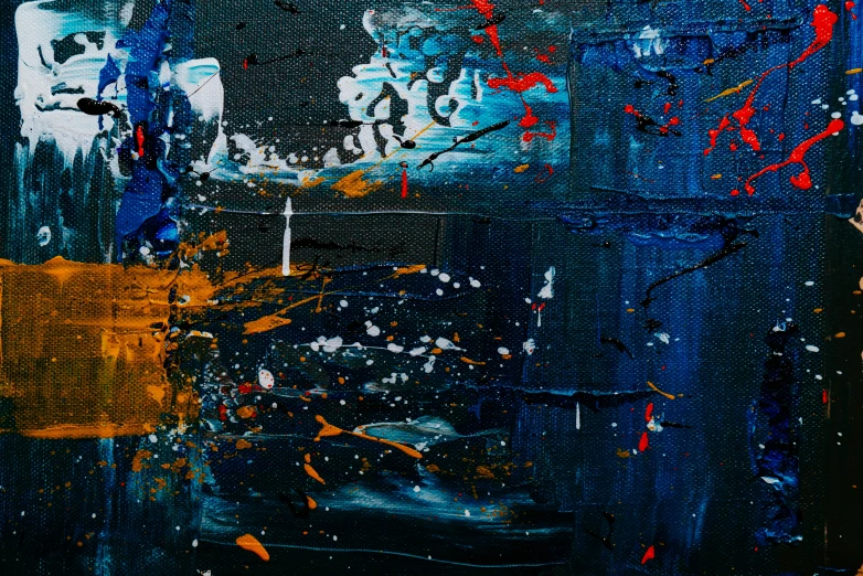 a close up of a painting on a wall, trending on pixabay, abstract expressionism, dark deep blue, some orange and blue, black splashes, thumbnail