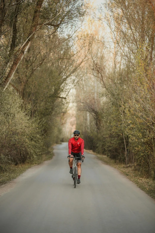 a man riding a bike down a tree lined road, pexels contest winner, baroque, slightly red, idaho, sweat, 🚿🗝📝