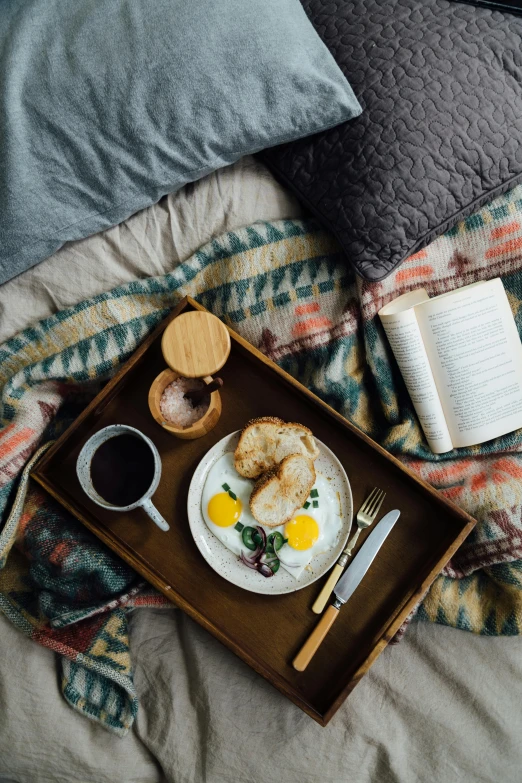 a tray of food sitting on top of a bed, by Jessie Algie, unsplash contest winner, cozy under a blanket, square, table set for second breakfast, dwell