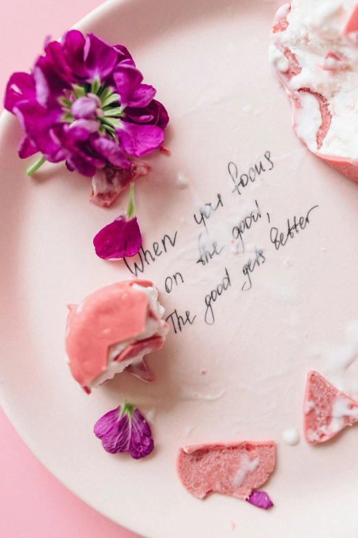 a piece of cake sitting on top of a white plate, an album cover, by Lucette Barker, trending on pexels, aestheticism, pink petals fly, etched inscriptions, eating a cheese platter, closeup - view