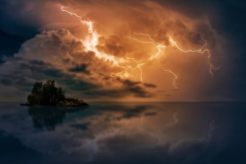 a lightning storm over a small island in the middle of the ocean, pexels contest winner, romanticism, paul barson, youtube thumbnail, thunder clouds modernism, turbulent lake