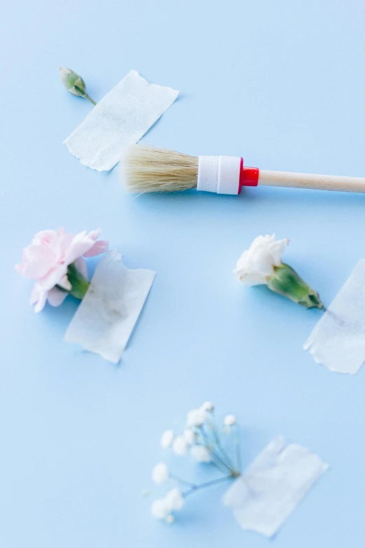 a brush and some flowers on a blue surface, by Julia Pishtar, pexels contest winner, made of lab tissue, detail and care, midsommar, 15081959 21121991 01012000 4k