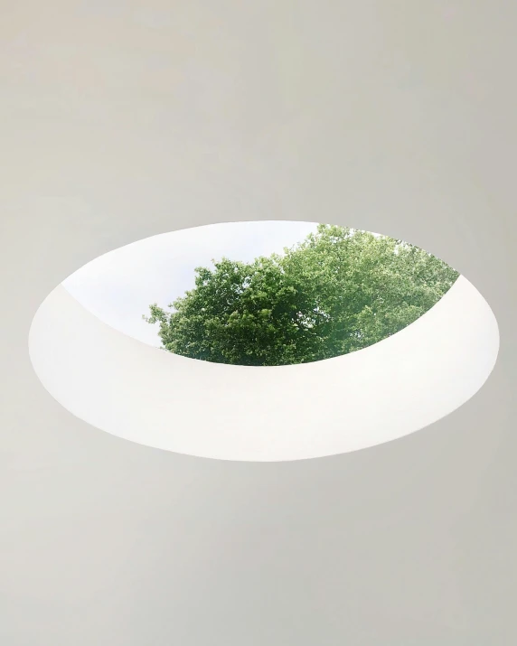 a round window with a tree in it, inspired by Anish Kapoor, unsplash, light and space, full lenght view. white plastic, john pawson, skylights, trending on dezeen