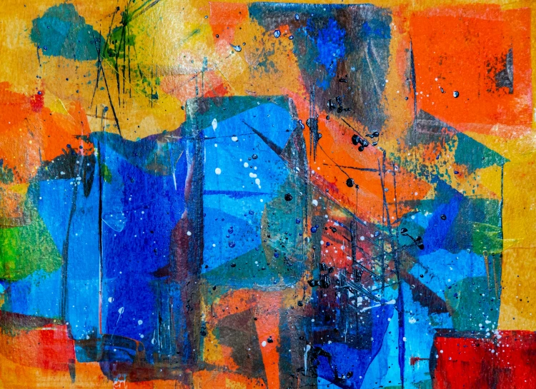 a close up of a painting on a wall, an abstract painting, by Micha Klein, pexels, abstract expressionism, orange and blue colors, collage art background, bright vivid color hues:1, some square paintings