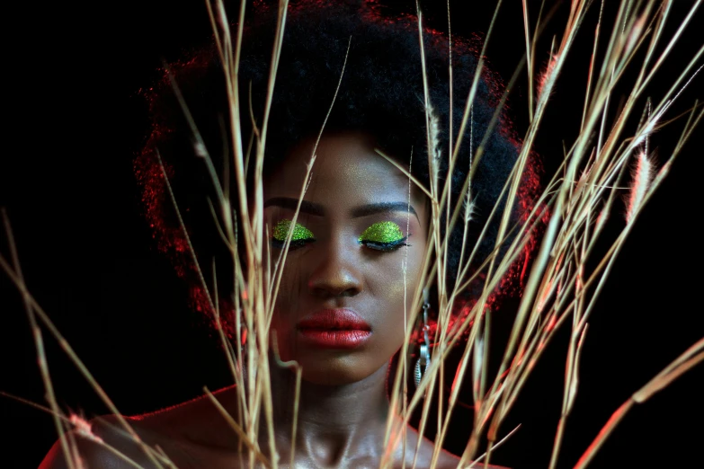 a close up of a woman with bright makeup, an album cover, inspired by Chinwe Chukwuogo-Roy, pexels contest winner, branches growing as hair, shot at dark with studio lights, green bright red, shot on sony a 7