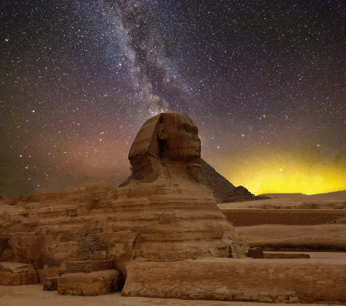 the sphinx with the milky in the background, by Daniel Lieske, pexels contest winner, golden meteors, egyptian mummy, brown, 4k'