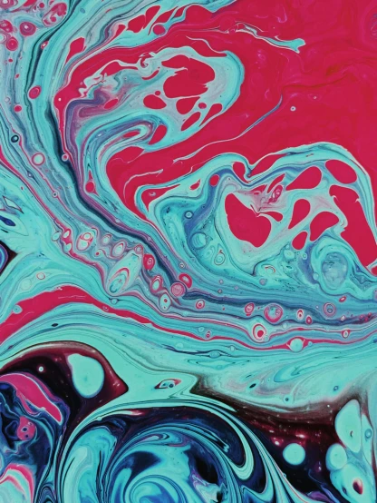a close up of a painting on a piece of paper, inspired by Yanjun Cheng, trending on unsplash, abstract art, bubbling liquids, red and cyan ink, album cover, ilustration