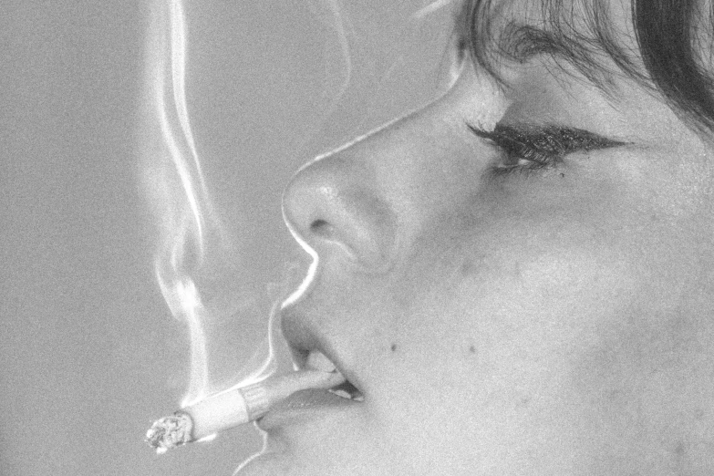 a black and white photo of a woman smoking a cigarette, an album cover, by Sergio Burzi, hyperrealism, ✨🕌🌙, lofi girl aesthetic, flume, perfect blue