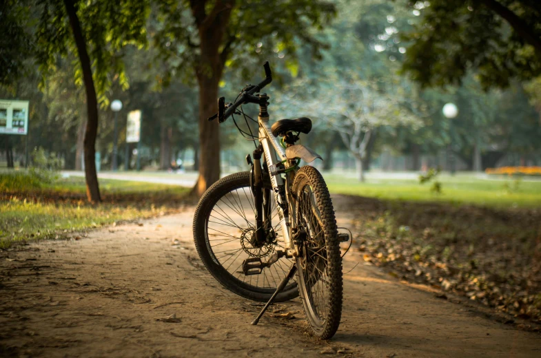 a bicycle parked on the side of a dirt road, pexels contest winner, realism, in a city park, avatar image, close - up photo, mechanised