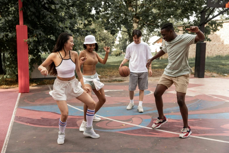 a group of young people playing a game of basketball, by Julia Pishtar, trending on dribble, wearing a camisole and shorts, light skin, choreographed, casual playrix games