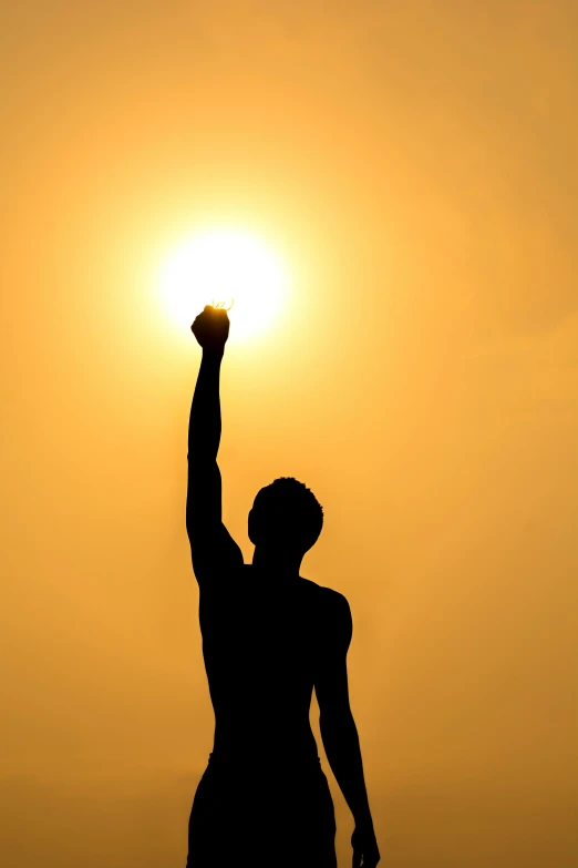 a silhouette of a man holding a frisbee in the air, pexels contest winner, praising the sun, sunburn, rectangle, one fist raised high in triumph