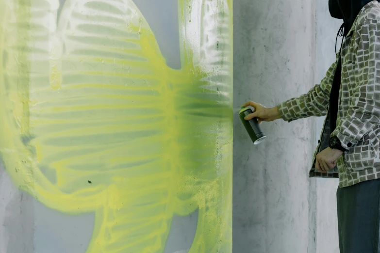 a woman is painting a butterfly on a wall, a hyperrealistic painting, inspired by Tomokazu Matsuyama, unsplash, action painting, neon-yellow-holographic wings, photography of charline von heyl, still from film, dwell