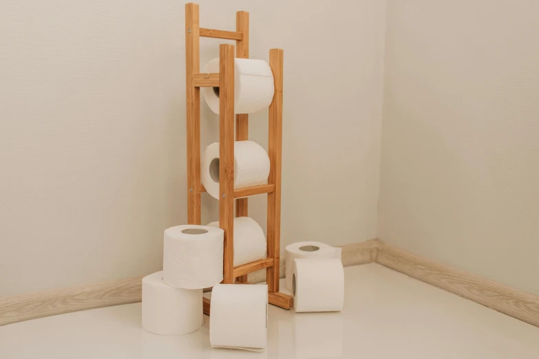 a stack of toilet paper sitting on top of a white floor, inspired by Sarah Lucas, pexels contest winner, wooden supports, product display, portapotty, hills