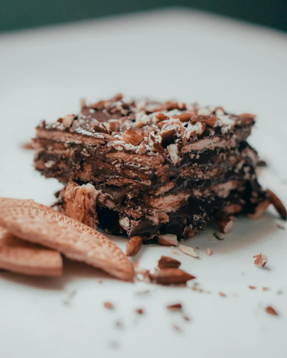 a piece of cake sitting on top of a white plate, unsplash, rococo, bark for skin, piled around, chiseled muscles, square