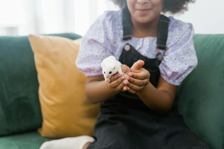 a little girl sitting on a couch holding a stuffed animal, a picture, sugar glider, official product photo, soft white rubber, shot on 70mm