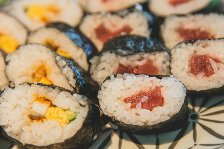 a close up of a plate of sushi, inspired by Maki Haku, unsplash, mingei, 1990's photo, 🦩🪐🐞👩🏻🦳, middle close up, thumbnail