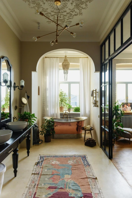 a bath room with a sink a mirror and a rug, shutterstock, art nouveau, balcony, long shot from back, shot on sony a 7, lush surroundings