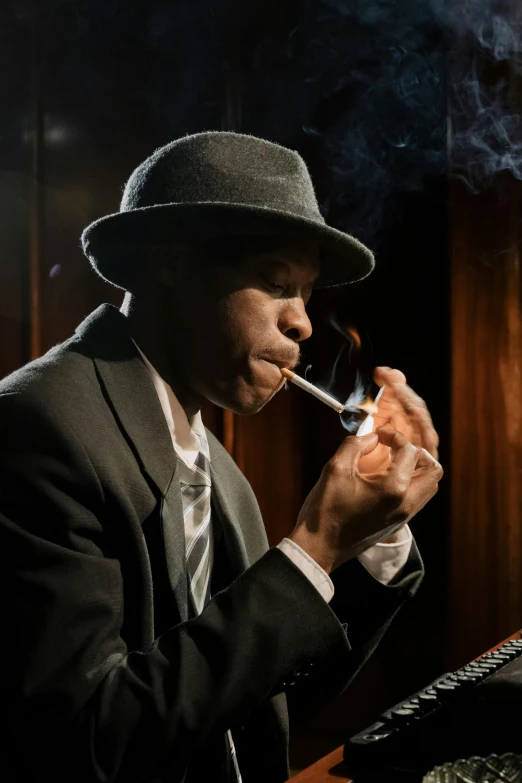 a man in a suit smoking a cigarette, a portrait, inspired by George Bogart, unsplash, harlem renaissance, 1 9 3 0 s jazz club, plays music, thumbnail, slide show