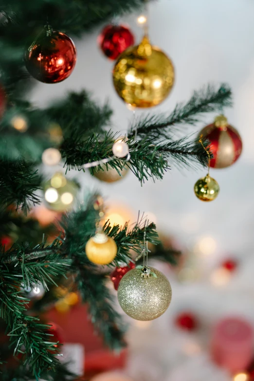 a close up of a christmas tree with ornaments, inspired by Ernest William Christmas, pexels, gold and red accents, zoomed out shot, opening shot, tall