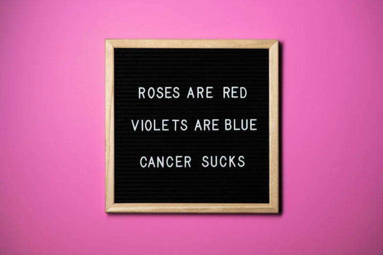 a sign that says roses are red violets are blue cancer sucks, a poster, pexels, 1024x1024, pink, rude, jen atkin