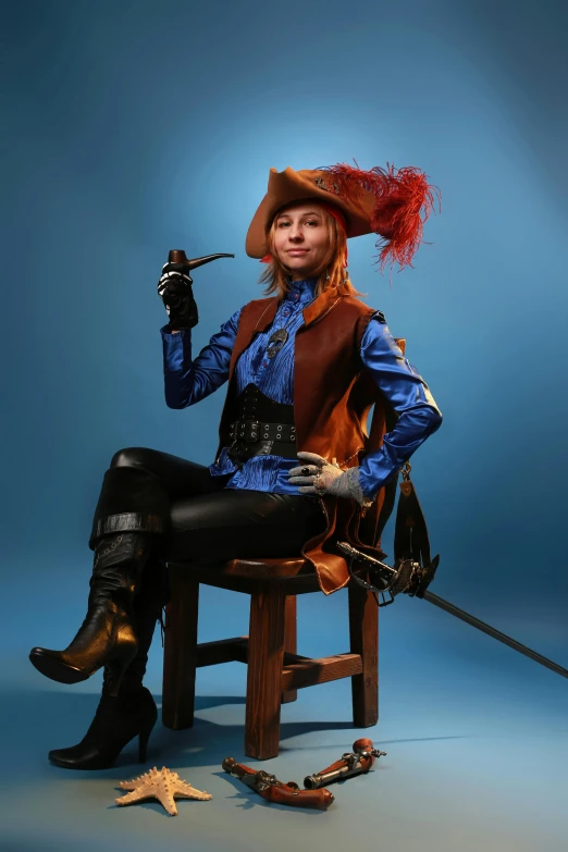 a woman sitting on top of a wooden chair, a character portrait, inspired by Lucas van Leyden, elon musk as a musketeer, cosplayer, with a blue background, for hire 3d artist