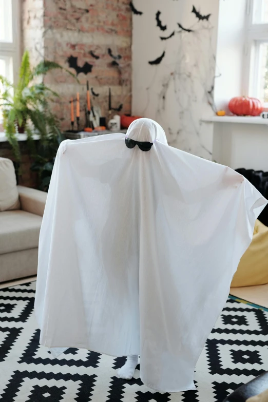 a ghost standing on a rug in a living room, a statue, pexels contest winner, wearing hero costume, hat covering eyes, costume desig, blank