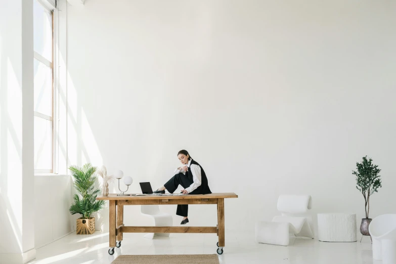 a man sitting at a table working on a laptop, trending on pexels, minimalism, tall ceilings, in a white boho style studio, a wooden, business woman