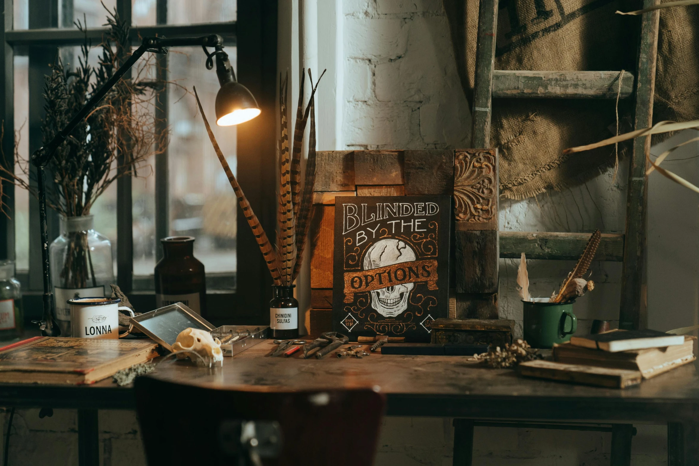 a wooden table topped with a lamp next to a window, a portrait, inspired by Elsa Bleda, unsplash contest winner, a steampunk store, flaming torches and pitchforks, frank hampson and mcbess, small manufacture