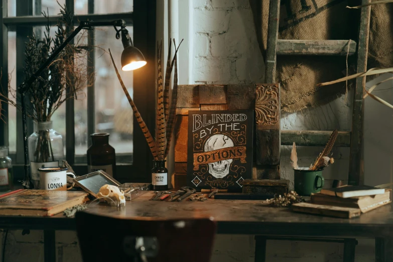 a wooden table topped with a lamp next to a window, a portrait, inspired by Elsa Bleda, unsplash contest winner, a steampunk store, flaming torches and pitchforks, frank hampson and mcbess, small manufacture