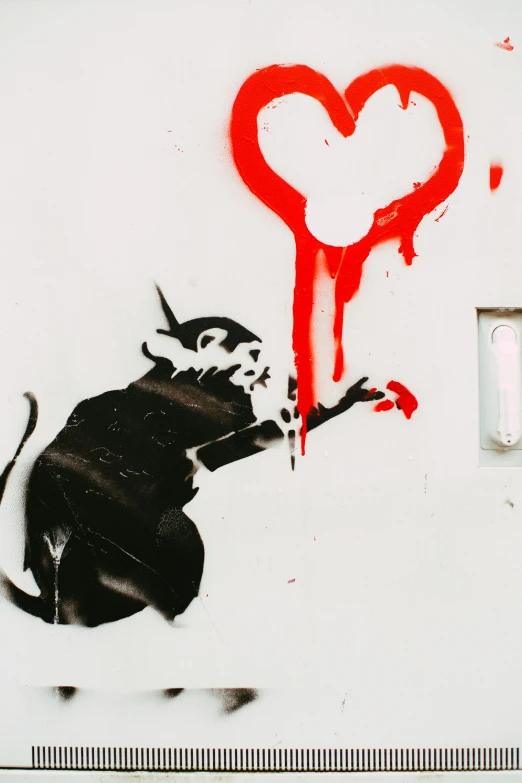 a painting of a rat with a heart on it, inspired by Banksy, trending on pexels, street art, spraying blood, monkey, photo of a cat, black paint drops