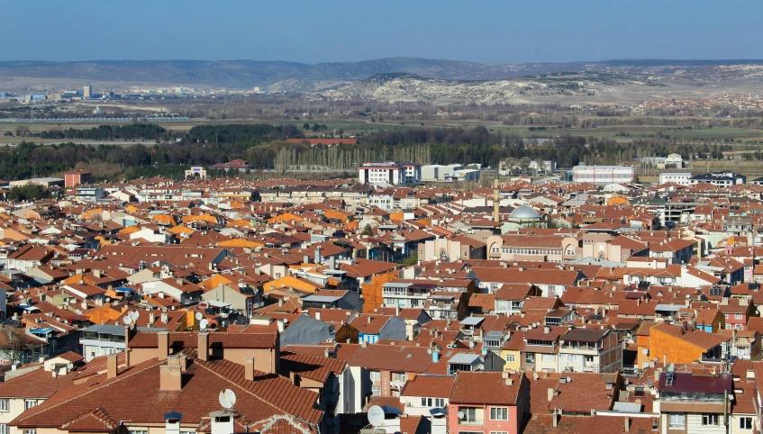 a view of a city from the top of a hill, a picture, les nabis, orange roof, slide show, square, medium - shot