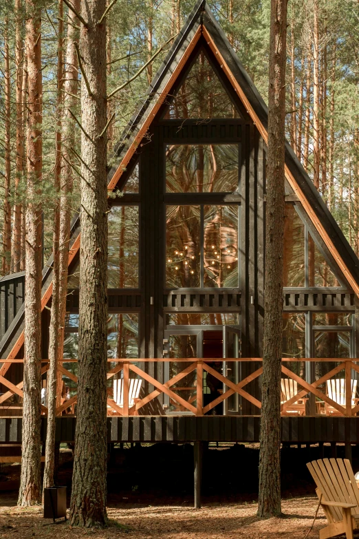 a small cabin sitting in the middle of a forest, baroque, glass domes, triangle, in avila pinewood, tan