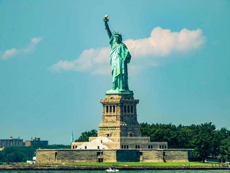 a view of the statue of liberty from across the water, a statue, pexels contest winner, 🚿🗝📝