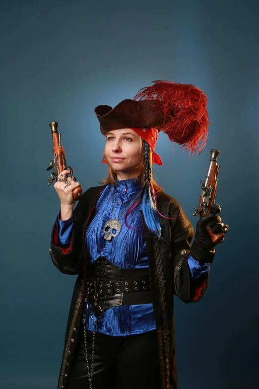 a woman in a pirate costume holding two guns, a portrait, unsplash, prussian blue and venetian red, portrait n - 9, rectangle, family photo