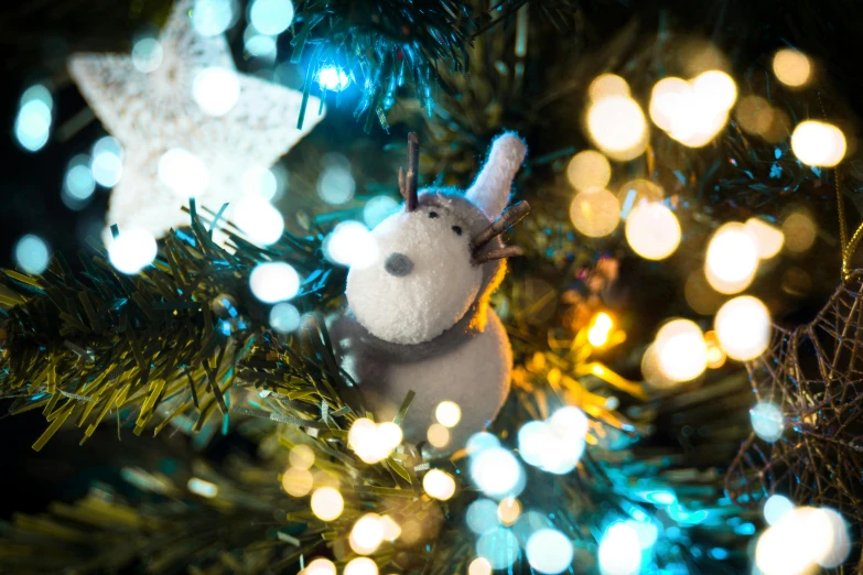 a close up of a christmas ornament on a tree, pexels, moomin, firefly lights, stuffed, thumbnail