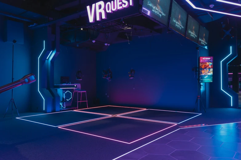 a room that has some neon lights on it, interactive art, wrestlers wearing vr headsets, vision quest, basketball court, thumbnail