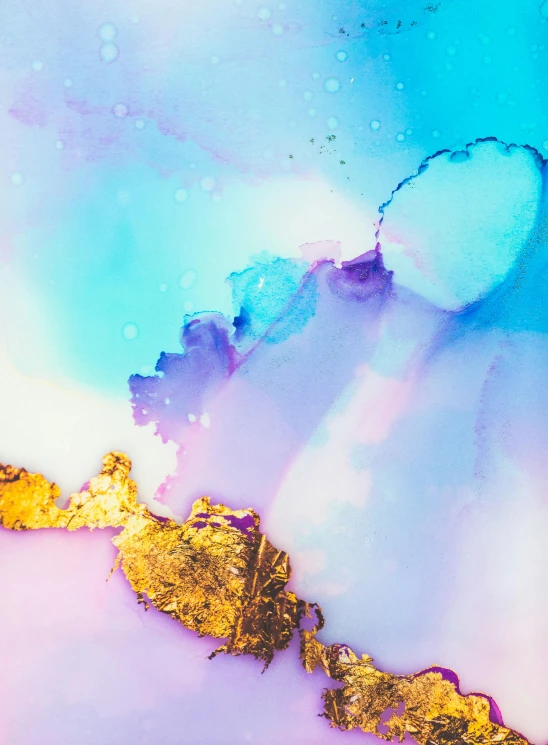 a close up of a plate of food on a table, a watercolor painting, trending on pexels, abstract art, gemstones and gold, blue and purple vapor, liquid gold, 144x144 canvas