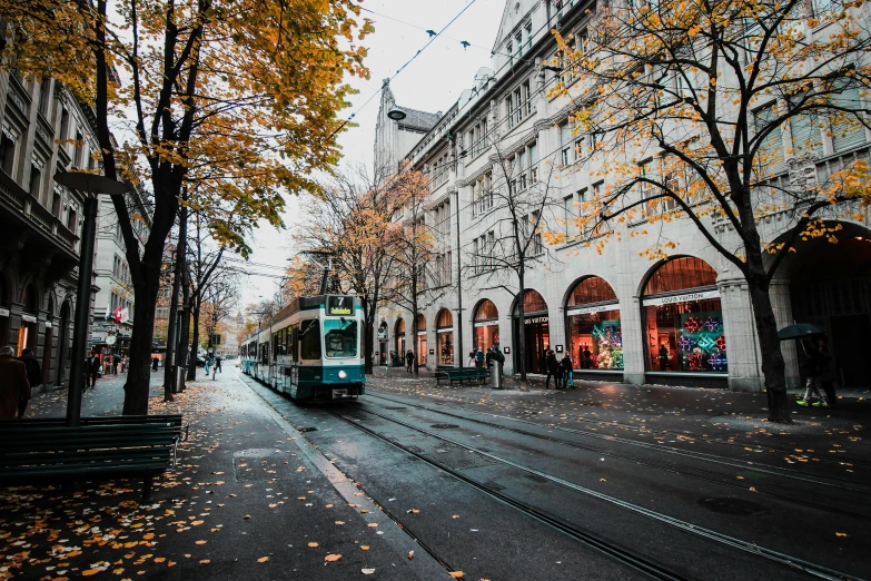 a green trolley traveling down a street next to tall buildings, by Tobias Stimmer, pexels contest winner, art nouveau, autumn leaves on the ground, square, swiss modernizm, thumbnail