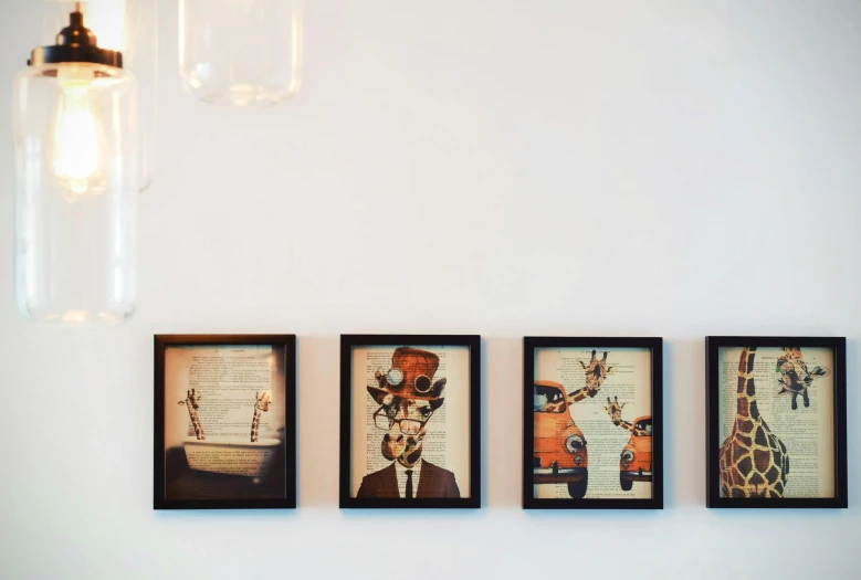 a couple of framed pictures of giraffes on a wall, by Lubin Baugin, unsplash, visual art, small hipster coffee shop, things hanging from ceiling, animation, burned