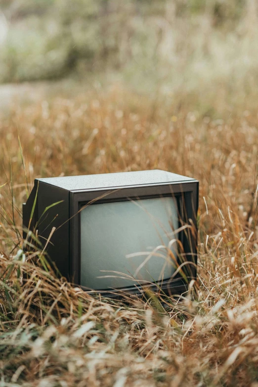 an old television sitting in the middle of a field, by Elsa Bleda, unsplash, video art, dry grass, crypto, sustainable materials, instagram post