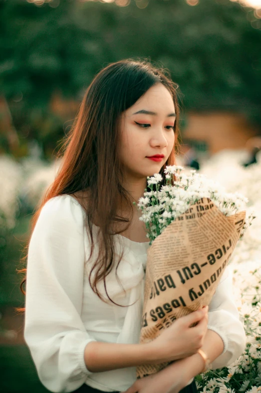 a woman holding a bunch of white flowers, inspired by Kim Du-ryang, pexels contest winner, portrait of a japanese teen, thoughtful ), 15081959 21121991 01012000 4k