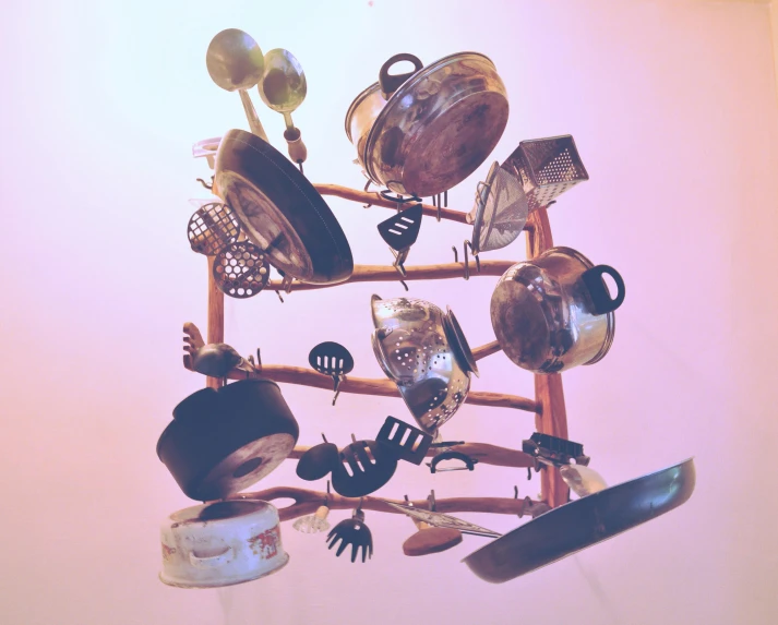 a rack with pots and pans hanging from it, an album cover, unsplash, kinetic art, scrap metal, pink, knolling, calarts