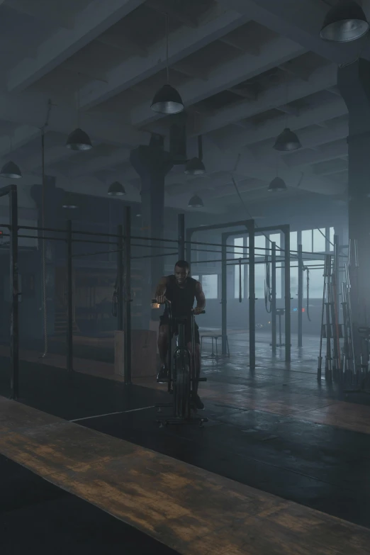 a man riding a bike through a train station, a digital rendering, inspired by senior environment artist, trending on polycount, foggy photo 8 k, octane render - n 6, in a foggy office, pbr render