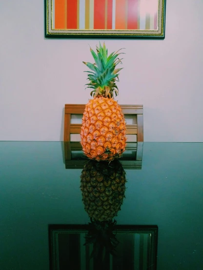 a pineapple sitting on top of a glass table, inspired by Elsa Bleda, unsplash, hyperrealism, ilustration, low quality photo, lomography photo, chillhop